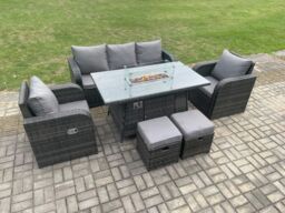 Fimous Garden Patio Furniture Wicker Rattan Gas Fire Pit Table & Chair set with 3 Seater Sofa 2 Small Footstools Dark Grey Mixed - thumbnail 3