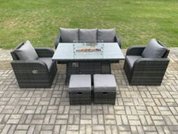 Fimous Garden Patio Furniture Wicker Rattan Gas Fire Pit Table & Chair set with 3 Seater Sofa 2 Small Footstools Dark Grey Mixed - thumbnail 1