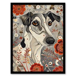 "Artery8 Dog Lover Jack Russell Terrier Pet in Wildflowers Framed Art Print in Grey - Size: W12"" x H16""" - thumbnail 1