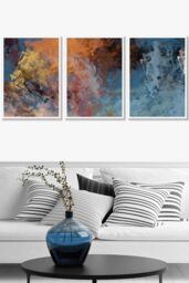 ARTZE Set of 3 White Framed Abstract Orange Blue Cerulean Dream Wall Art in Burnt Orange - Size: W33 cm x H45 cm x D20mm - thumbnail 1
