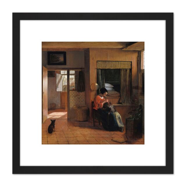 Artery8 Pieter De Hooch Mother Delousing Her Child'S Hair 8X8 Inch Square Wooden Framed Wall Art Print Picture with Mount in Black - image 1