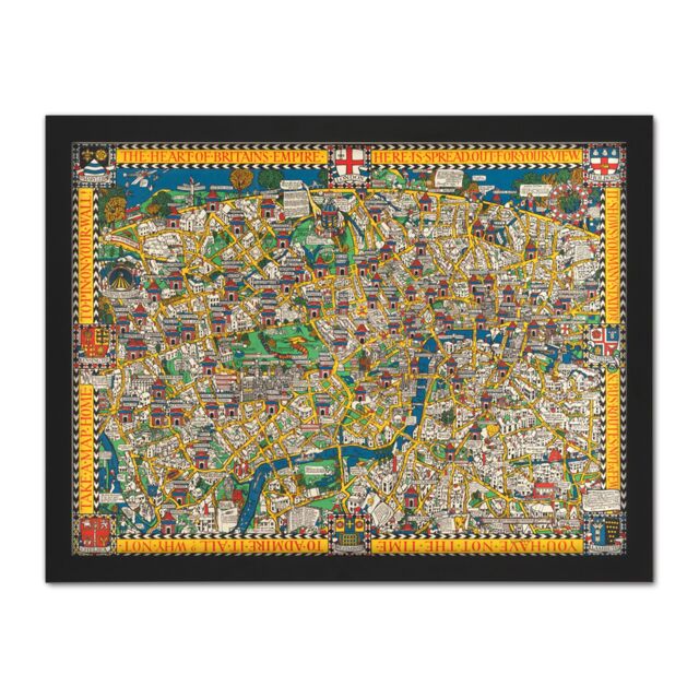 "Artery8 Wall Art Print Gill 1914 Pictorial Map London Wonderground Large Framed Wall Décor Art in Black - Size: W18"" x H24""" - image 1