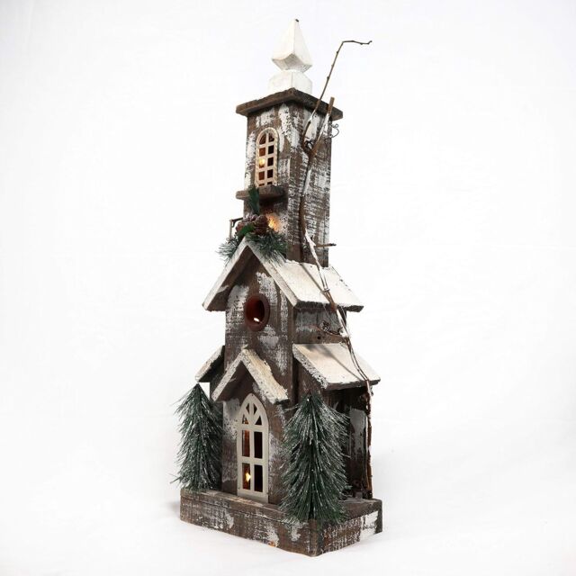Shatchi Christmas Decoation Battery Operated Wooden House Tabletop Decorated with Berries, Pines & Small Warm White Bulbs in Brown - image 1