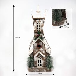 Shatchi Christmas Decoation Battery Operated Wooden House Tabletop Decorated with Berries, Pines & Small Warm White Bulbs in Brown - thumbnail 3
