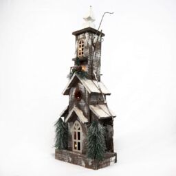 Shatchi Christmas Decoation Battery Operated Wooden House Tabletop Decorated with Berries, Pines & Small Warm White Bulbs in Brown - thumbnail 1