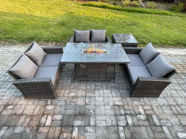 Fimous Outdoor Garden Dining Sets 6 Seater Rattan Patio Furniture Sofa Set with Gas Firepit Table Double Seat Sofa Side Table in Dark Grey - image 1