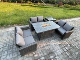 Fimous Outdoor Garden Dining Sets 6 Seater Rattan Patio Furniture Sofa Set with Gas Firepit Table Double Seat Sofa Side Table in Dark Grey - thumbnail 2