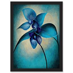 Artery8 Abstract Blue Orchid Floral Modern Artwork Framed Wall Art Print A4 in Black - thumbnail 1