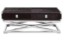 Orsina Black Leather Coffee Table, Steel Legs With Metallic Clasp Accents, 2 Drawer Storage Living Room Table