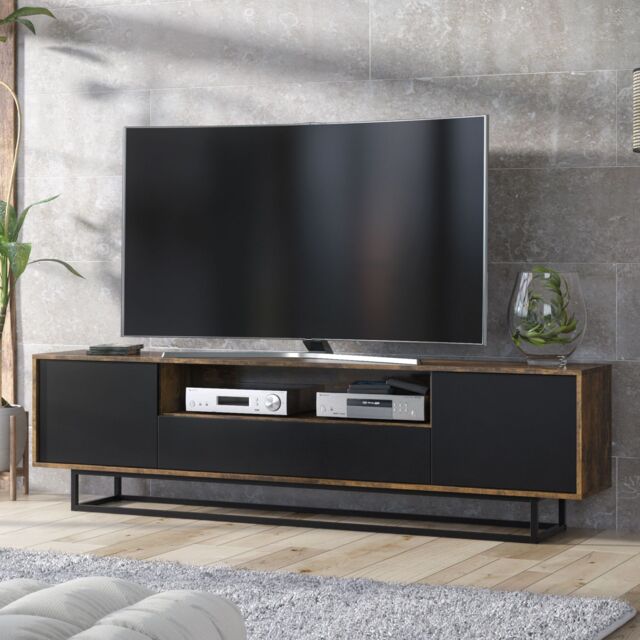 Creative Furniture Rift Loft TV Unit 200cm - Industrial-Style Storage with Rustic, Oak & Black Matt Doors in Dark Brown - image 1