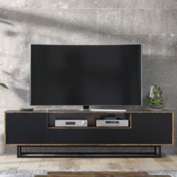 Creative Furniture Rift Loft TV Unit 200cm - Industrial-Style Storage with Rustic, Oak & Black Matt Doors in Dark Brown - thumbnail 2