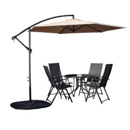 Samuel Alexander Outdoor 4 Person Round Glass Top Garden Dining Table Chairs With Banana Parasol & Base in Beige
