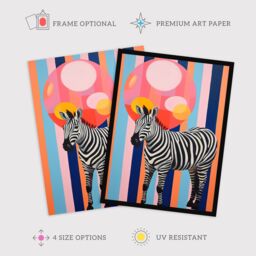 "Wee Blue Coo Wall Art Print Party Animal Zebra Stripes & Balloon Orange Pink Blue Fun Oil Painting Poster - Size: W24"" x H32""" - thumbnail 2