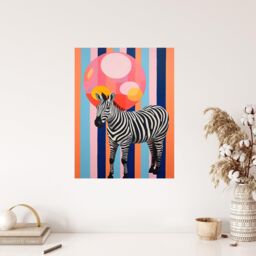 "Wee Blue Coo Wall Art Print Party Animal Zebra Stripes & Balloon Orange Pink Blue Fun Oil Painting Poster - Size: W24"" x H32""" - thumbnail 4