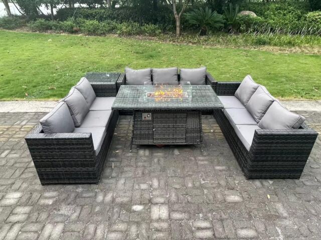 Fimous 9 Seater Rattan Garden Furniture Sofa Set Outdoor Patio Gas Fire Pit Dining Table Gas Heater Burner in Dark Grey - image 1