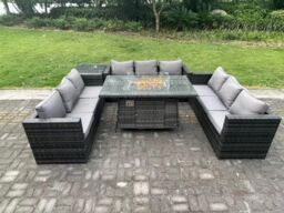 Fimous 9 Seater Rattan Garden Furniture Sofa Set Outdoor Patio Gas Fire Pit Dining Table Gas Heater Burner in Dark Grey - thumbnail 1