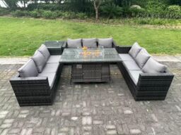 Fimous 9 Seater Rattan Garden Furniture Sofa Set Outdoor Patio Gas Fire Pit Dining Table Gas Heater Burner in Dark Grey - thumbnail 3