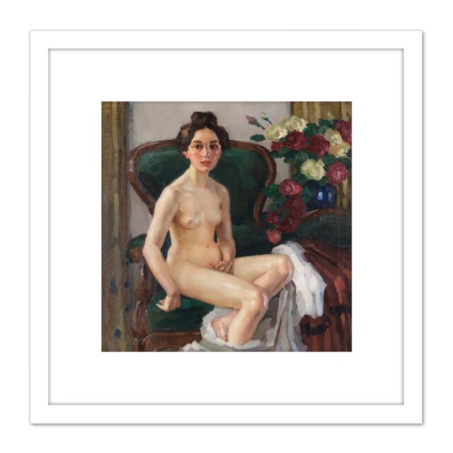 Artery8 Putz Nude Female On The Sofa Expressionist Painting 8X8 Inch Square Wooden Framed Wall Art Print Picture with Mount in White - image 1