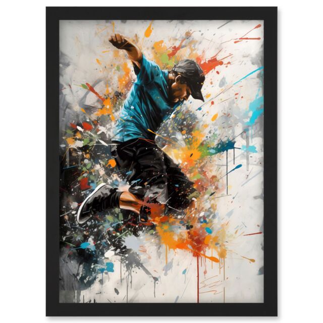 Artery8 Parkour Jump Urban Sport Paint Splat Action Shot Artwork Framed Wall Art Print A4 in Black - image 1