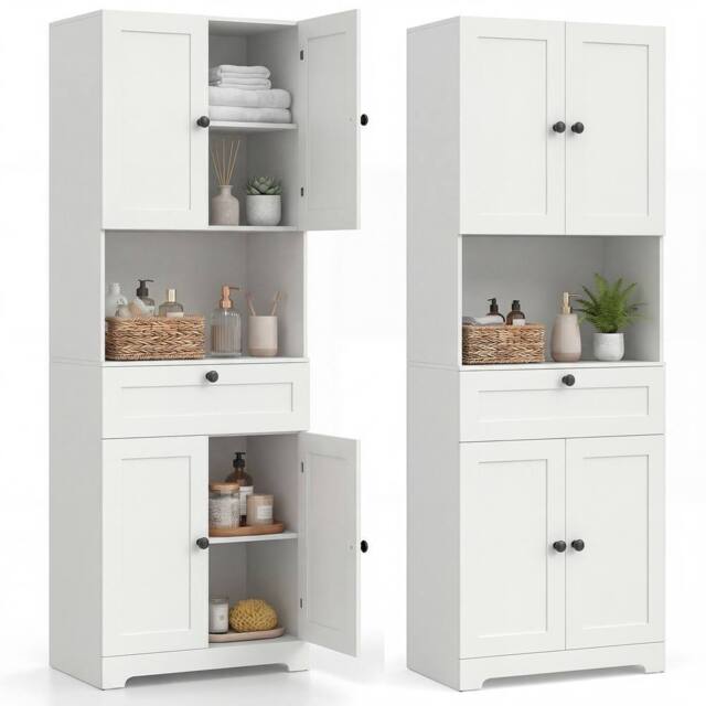 Costway Modern Bathroom Cabinet Wooden Storage Cabinet w/ 4 Doors & 1 Drawer in White