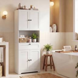 Costway Modern Bathroom Cabinet Wooden Storage Cabinet w/ 4 Doors & 1 Drawer in White - thumbnail 3
