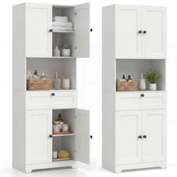 Costway Modern Bathroom Cabinet Wooden Storage Cabinet w/ 4 Doors & 1 Drawer in White