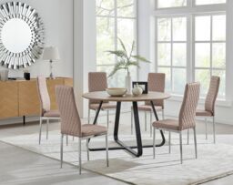 FurnitureboxUK Santorini Brown Wood Effect Dining Table & 6 Milan Chrome Leg Chairs in Beige - thumbnail 1