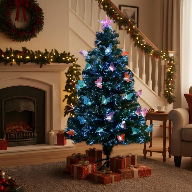 Shatchi 5Ft/150cm Butterflies Fibre Optic Christmas Tree LED Pre-Lit in Green - Size: 5ft - image 1
