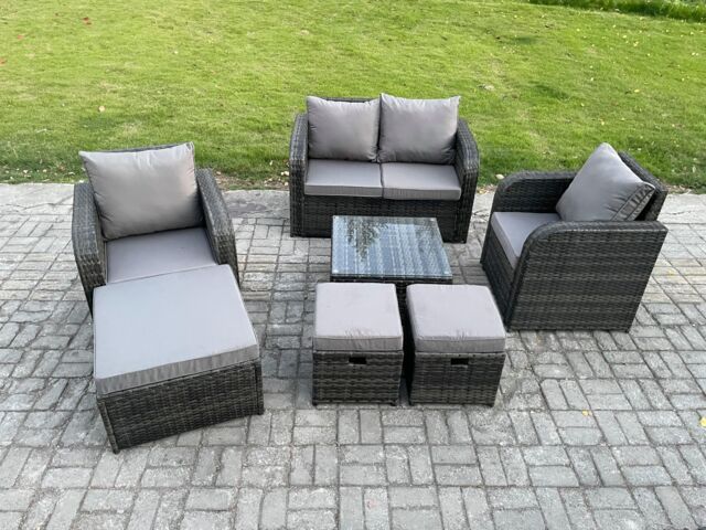 Fimous Rattan Garden Furniture Set Patio Conservatory Indoor Outdoor 7 Piece Set with Love Sofa Coffee Table Footstools in Dark Grey - image 1