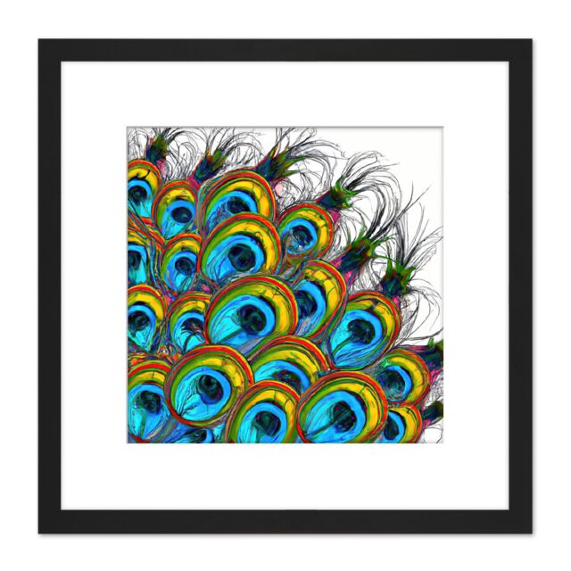 Artery8 Colourful Peacock Feather Abstract Oil Painting Square Wooden Framed Wall Art Print Picture 8X8 Inch in Black - image 1