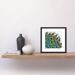 Artery8 Colourful Peacock Feather Abstract Oil Painting Square Wooden Framed Wall Art Print Picture 8X8 Inch in Black - thumbnail 2