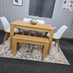 KOSY KOALA Oak Effect Dining Table Set With 4 White Plastic Chairs & Bench Dining Room Furniture in Beige - thumbnail 5