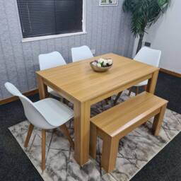 KOSY KOALA Oak Effect Dining Table Set With 4 White Plastic Chairs & Bench Dining Room Furniture in Beige - thumbnail 9