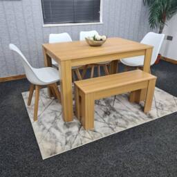 KOSY KOALA Oak Effect Dining Table Set With 4 White Plastic Chairs & Bench Dining Room Furniture in Beige - thumbnail 7