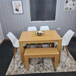 KOSY KOALA Oak Effect Dining Table Set With 4 White Plastic Chairs & Bench Dining Room Furniture in Beige - thumbnail 2