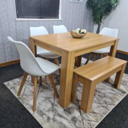 KOSY KOALA Oak Effect Dining Table Set With 4 White Plastic Chairs & Bench Dining Room Furniture in Beige - thumbnail 8