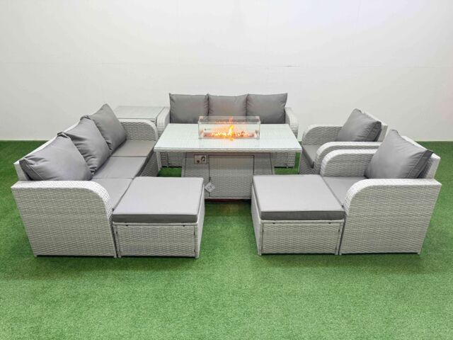 Fimous PE Rattan High Back Lounge Sofa Set Patio Firepit Dining Table & Chairs Set w/ 3 Seater Sofa Reclining Chair 2 Big Footstool Side Table Light - image 1