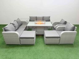 Fimous PE Rattan High Back Lounge Sofa Set Patio Firepit Dining Table & Chairs Set w/ 3 Seater Sofa Reclining Chair 2 Big Footstool Side Table Light - thumbnail 1