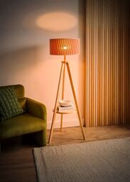 ValueLights Morrigan Shelf Tripod Floor Lamp with Orange Checker Bamboo Lamp Shade in Natural - thumbnail 2