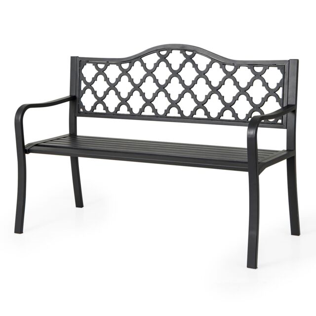 Gymax 128CM Patio Bench Slatted Metal Garden Bench for 2-3 People Black