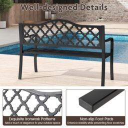 Gymax 128CM Patio Bench Slatted Metal Garden Bench for 2-3 People Black - thumbnail 4