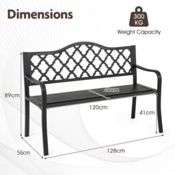 Gymax 128CM Patio Bench Slatted Metal Garden Bench for 2-3 People Black - thumbnail 2