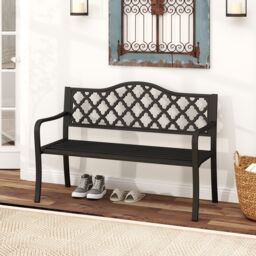 Gymax 128CM Patio Bench Slatted Metal Garden Bench for 2-3 People Black - thumbnail 3