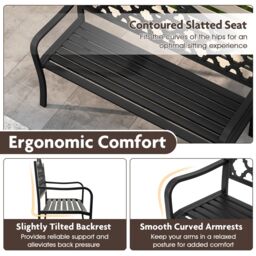Gymax 128CM Patio Bench Slatted Metal Garden Bench for 2-3 People Black - thumbnail 6