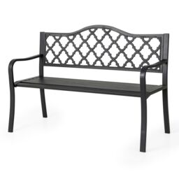 Gymax 128CM Patio Bench Slatted Metal Garden Bench for 2-3 People Black - thumbnail 1