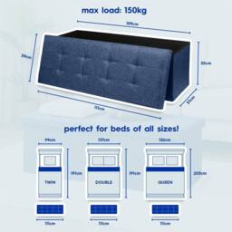 Harbour Housewares Large Foldable Storage Ottoman Bench Linen Finish - 111 x 37 x 39cm in Navy - Size: 111 x 37 x 39 cm - thumbnail 2