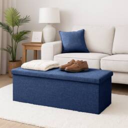 Harbour Housewares Large Foldable Storage Ottoman Bench Linen Finish - 111 x 37 x 39cm in Navy - Size: 111 x 37 x 39 cm - thumbnail 6