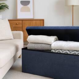 Harbour Housewares Large Foldable Storage Ottoman Bench Linen Finish - 111 x 37 x 39cm in Navy - Size: 111 x 37 x 39 cm - thumbnail 7