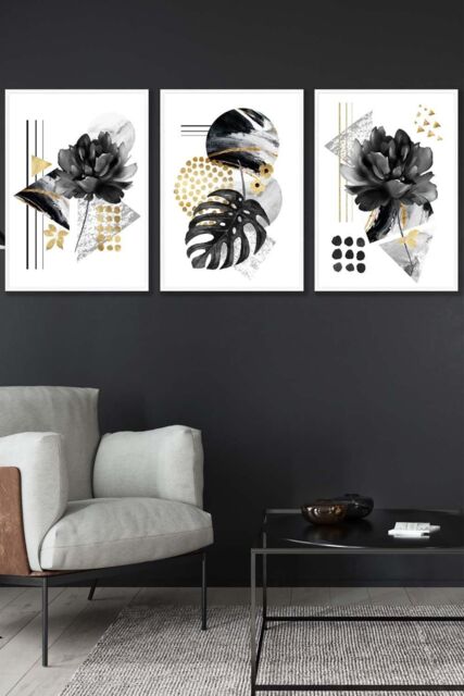 ARTZE Set of 3 White Framed Abstract Black & Gold Botanical Wall Art - Size: W53 cm x H73 cm x D20mm - image 1