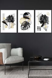 ARTZE Set of 3 White Framed Abstract Black & Gold Botanical Wall Art - Size: W53 cm x H73 cm x D20mm - thumbnail 1